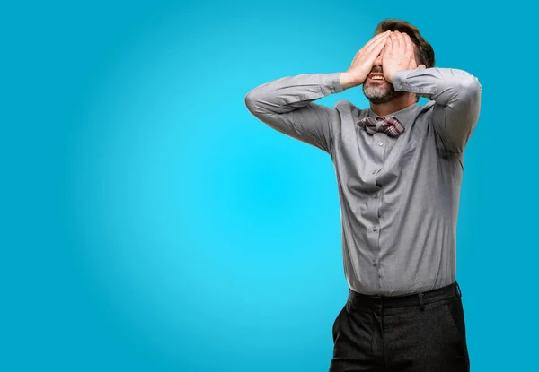 Middle Age Man Beard Bow Tie Stressful Keeping Hands Head — Stock Photo, Image