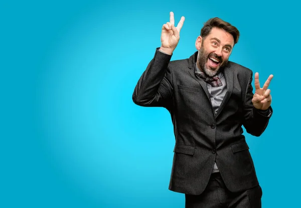 Hombre Mediana Edad Con Barba Pajarita Feliz Emocionado Expresando Gesto —  Fotos de Stock