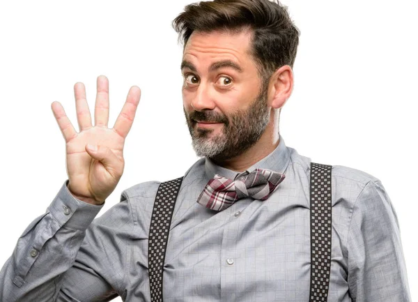 Hombre Mediana Edad Con Barba Pajarita Levantando Dedo Número Cuatro —  Fotos de Stock