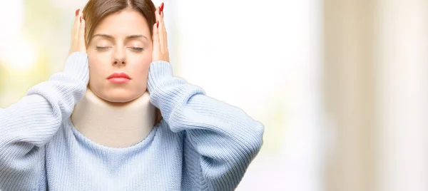 Young Injured Woman Wearing Neck Brace Collar Covering Ears Ignoring — Stock Photo, Image