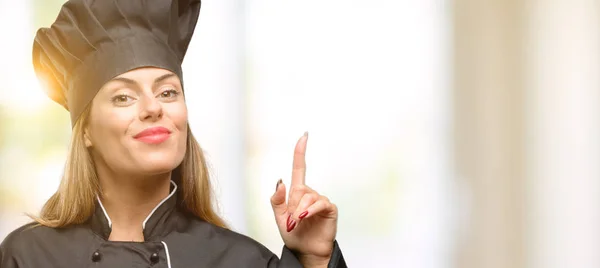 Young Cook Woman Happy Surprised Cheering Expressing Wow Gesture Pointing — Stock Photo, Image