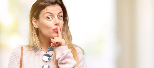 Young Trendy Woman Index Finger Lips Ask Quiet Silence Secret — Stock Photo, Image