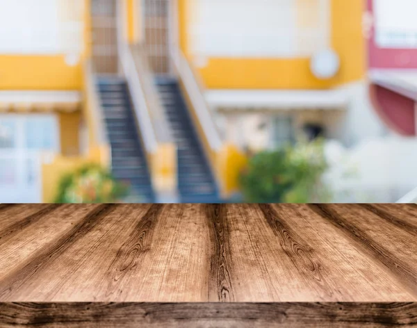 Table Bois Vide Devant Fond Flou Peut Être Utilisé Pour — Photo