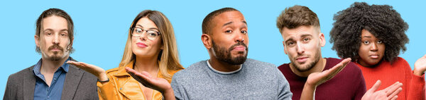 Group of mixed people, women and men doubt expression, confuse and wonder concept, uncertain future shrugging shoulders