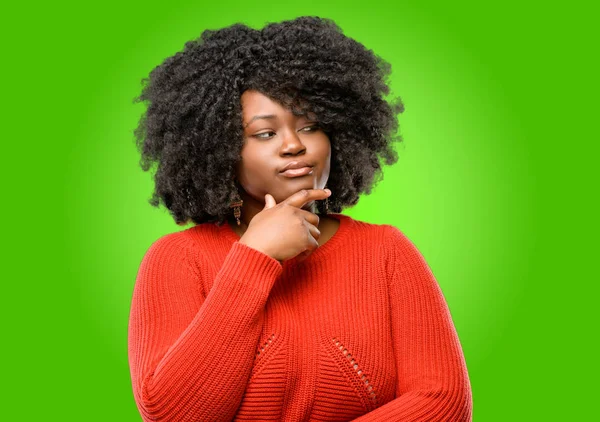 Beautiful African Woman Doubt Expression Confuse Wonder Concept Uncertain Future — Stock Photo, Image