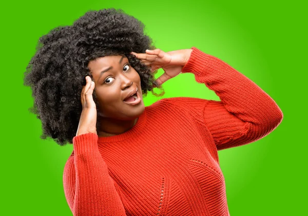 Beautiful African Woman Happy Surprised Cheering Expressing Wow Gesture — Stock Photo, Image
