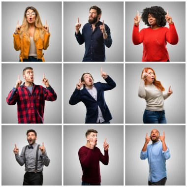 Yukarı dönük karma insanlar, kadınlar ve erkekler mutlu ve tezahürat ifade wow jest grup