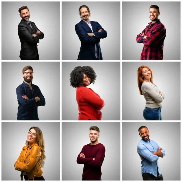 Group of mixed people, women and men with crossed arms confident and happy with a big natural smile laughing