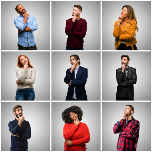 Group of mixed people, women and men thinking and looking up expressing doubt and wonder