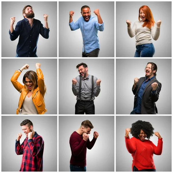 Grupo Pessoas Mistas Mulheres Homens Felizes Animados Expressando Gesto Vencedor — Fotografia de Stock