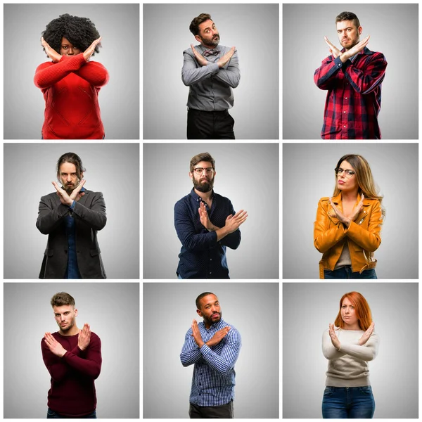 Group of mixed people, women and men annoyed with bad attitude making stop sign crossing hands, saying no, expressing security, defense or restriction