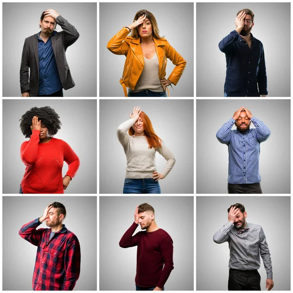 Grupo Pessoas Mistas Mulheres Homens Estressantes Mantendo Mão Cabeça Cansados — Fotografia de Stock