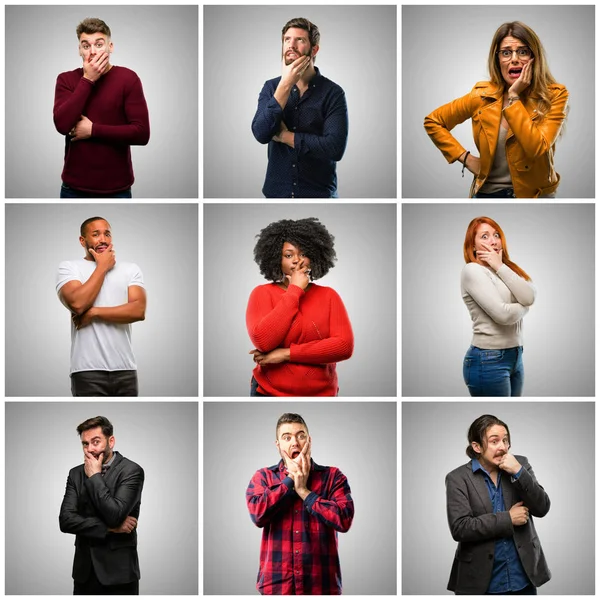 Gruppo Persone Miste Donne Uomini Spaventati Dallo Shock Che Esprimono — Foto Stock