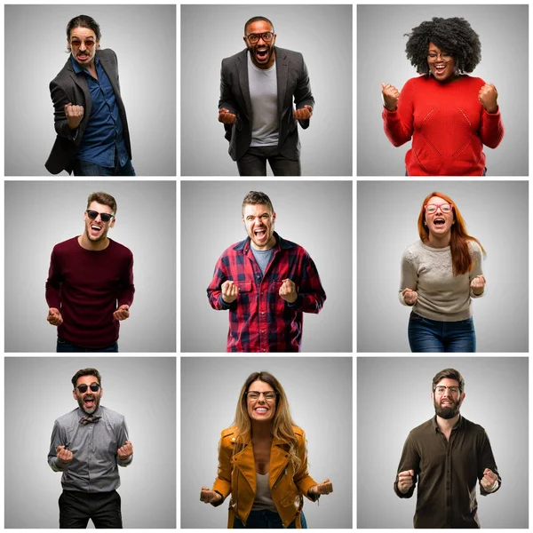 Group Mixed People Women Men Happy Excited Celebrating Victory Expressing — Stock Photo, Image