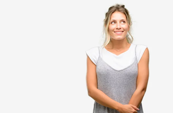 Jovem Bela Mulher Pensando Olhando Para Cima Expressando Dúvida Maravilha — Fotografia de Stock