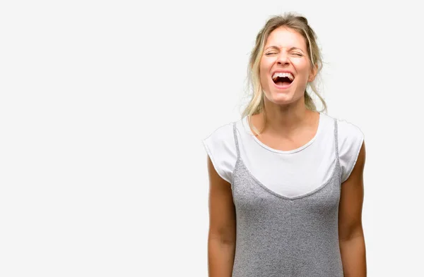 Young Beautiful Woman Stressful Terrified Panic Shouting Exasperated Frustrated Unpleasant — Stock Photo, Image