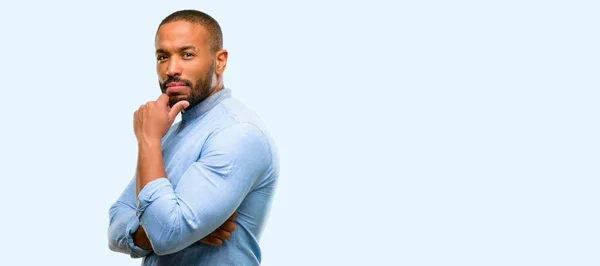 African American Man Beard Crossed Arms Confident Serious Isolated Blue — Stock Photo, Image