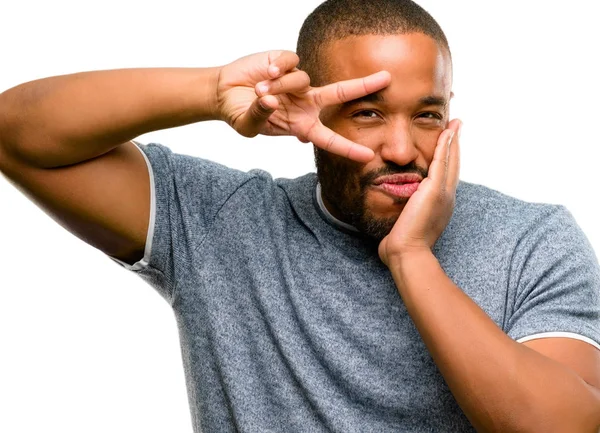 African American Man Beard Looking Camera Fingers Victory Gesture Winking — Stock Photo, Image