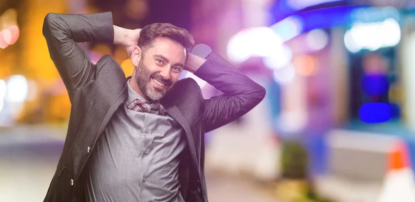 Homem Meia Idade Com Barba Gravata Borboleta Confiante Feliz Com — Fotografia de Stock