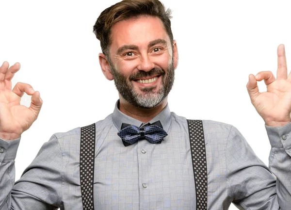 Middle Age Man Beard Bow Tie Doing Sign Gesture Both — Stock Photo, Image