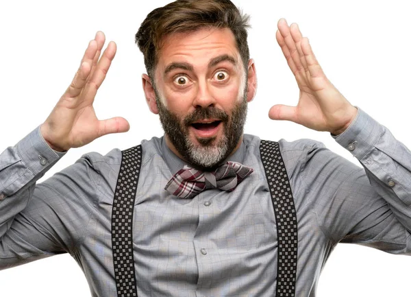 Middle Age Man Beard Bow Tie Happy Surprised Cheering Expressing — Stock Photo, Image