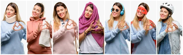 Mujer Fresca Diferentes Profesiones Felices Mostrando Amor Con Las Manos —  Fotos de Stock