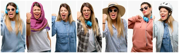 Coole Frau Verschiedene Berufe Irritiert Und Wütend Negative Emotionen Ausdrückend — Stockfoto