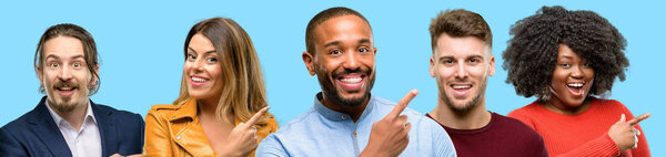 Group of mixed people, women and men pointing away side with finger