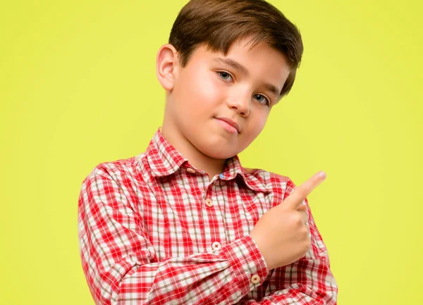 Handsome Toddler Child Green Eyes Pointing Away Side Finger Yellow — Stock Photo, Image