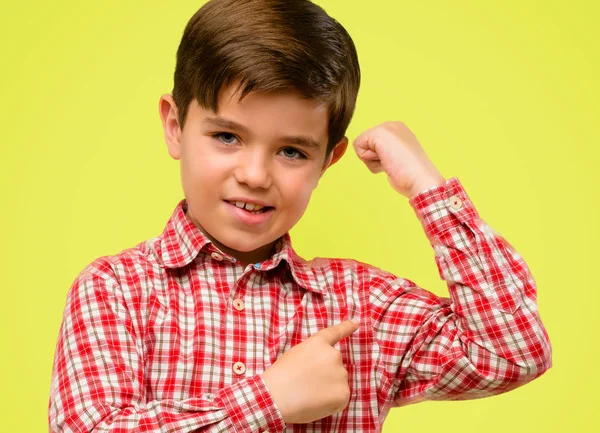 Handsome Toddler Child Green Eyes Pointing Biceps Expressing Strength Gym — Stock Photo, Image