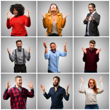 Grup karışık insanları, kadın ve erkek mutlu ve ifade wow jest tezahürat