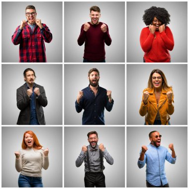 Grup karışık insanları, kadın ve erkek mutlu ve heyecanlı kazanan jest ifade. Başarılı ve zafer, zafer kutluyor