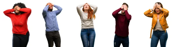 Groep Voor Coole Mensen Vrouw Man Stressvolle Houden Handen Het — Stockfoto