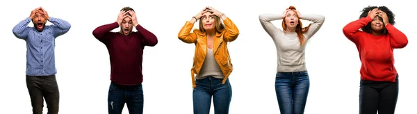 Group Cool People Woman Man Stressful Keeping Hands Head Terrified — Stock Photo, Image
