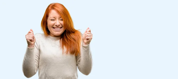 Beautiful Young Redhead Woman Happy Surprised Cheering Expressing Wow Gesture — Stock Photo, Image