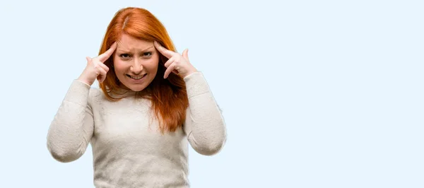 Beautiful Young Redhead Woman Doubt Expression Confuse Wonder Concept Uncertain — Stock Photo, Image