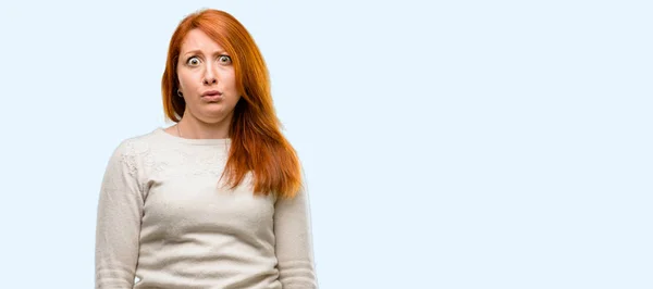 Beautiful Young Redhead Woman Happy Surprised Cheering Expressing Wow Gesture — Stock Photo, Image