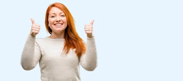 Beautiful Young Redhead Woman Smiling Broadly Showing Thumbs Gesture Camera — Stock Photo, Image