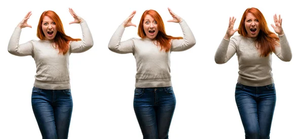 Young Beautiful Redhead Woman Happy Surprised Cheering Expressing Wow Gesture — Stock Photo, Image
