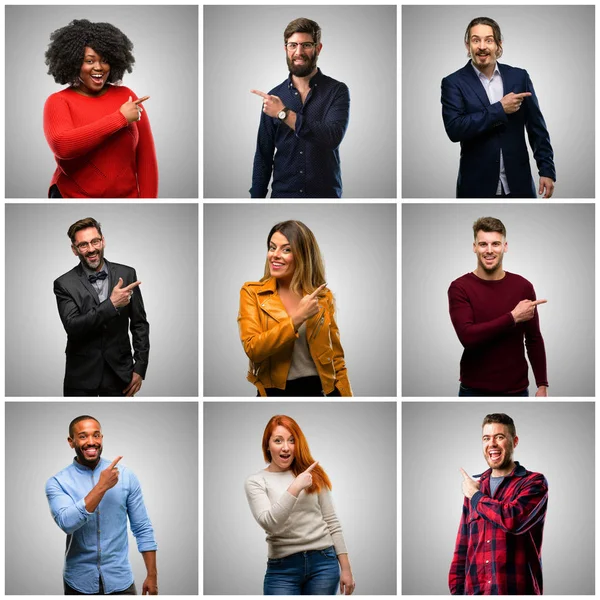 Group of mixed people, women and men pointing away side with finger