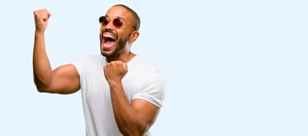 African American Man Beard Happy Excited Celebrating Victory Expressing Big — Stock Photo, Image