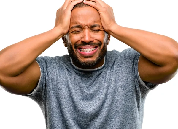 African American Man Met Baard Stressvolle Houden Handen Het Hoofd — Stockfoto