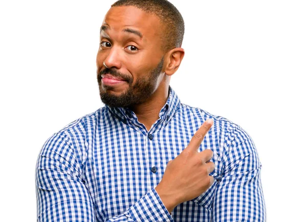 African American Man Beard Pointing Away Side Finger Isolated White — Stock Photo, Image