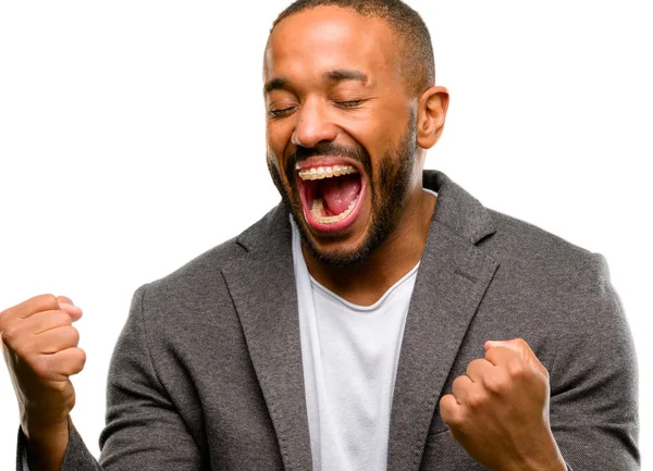 Hombre Afroamericano Con Barba Feliz Emocionado Celebrando Victoria Expresando Gran —  Fotos de Stock