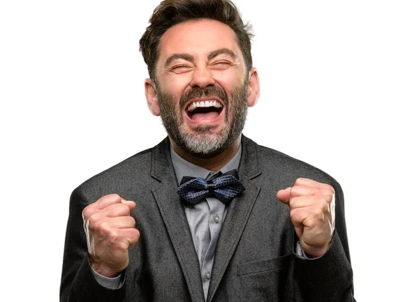 Middle Age Man Beard Bow Tie Happy Surprised Cheering Expressing — Stock Photo, Image