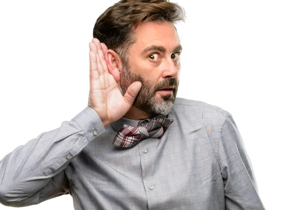 Middle Age Man Beard Bow Tie Holding Hand Ear Trying — Stock Photo, Image