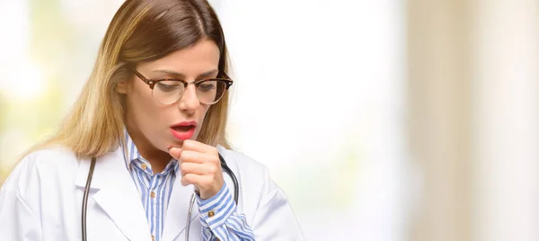 Young Doctor Woman Medical Professional Sick Coughing Suffering Asthma Bronchitis — Stock Photo, Image
