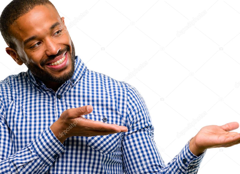 African american man with beard confident and happy with a big natural smile inviting to enter isolated over white background