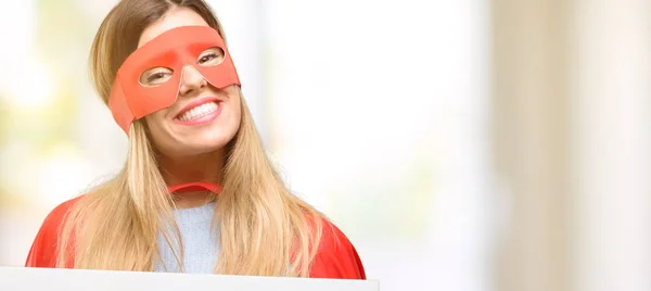 Молодая Супер Женщина Чистым Рекламным Баннером Хорошим Плакатом Рекламы Предложения — стоковое фото