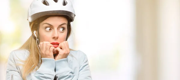 Young Woman Bike Helmet Earphones Terrified Nervous Expressing Anxiety Panic — Stock Photo, Image